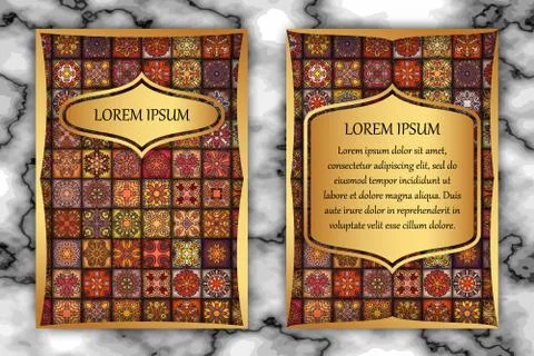 Vintage card with tribal tile patchwork abstract pattern and ornaments. Stock Illustration