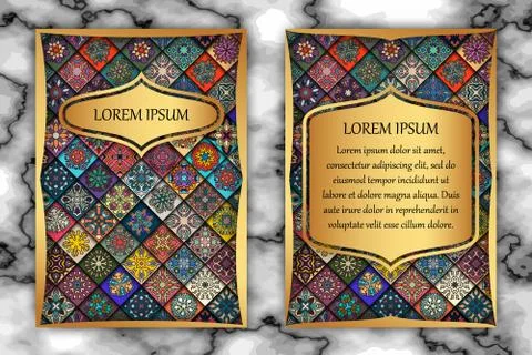 Vintage card with tribal tile patchwork abstract pattern and ornaments. 库存插图