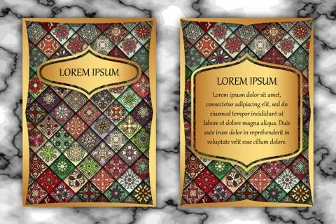 Vintage card with tribal tile patchwork abstract pattern and ornaments. Stock Illustration