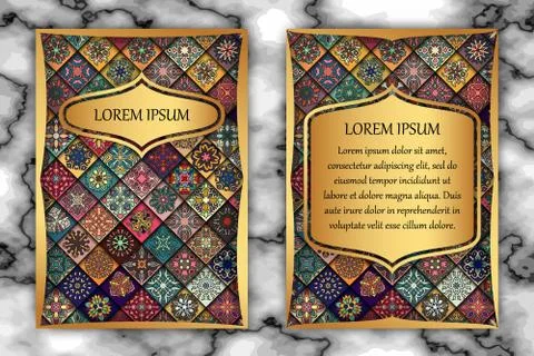 Vintage card with tribal tile patchwork abstract pattern and ornaments. Stock Illustration