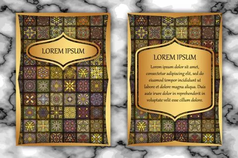 Vintage card with tribal tile patchwork abstract pattern and ornaments. イラスト素材