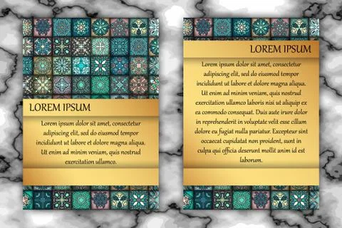 Vintage card with tribal tile patchwork abstract pattern and ornaments. Illustrazione stock
