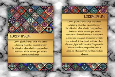 Vintage card with tribal tile patchwork abstract pattern and ornaments. 스톡 일러스트