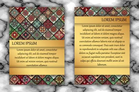 Vintage card with tribal tile patchwork abstract pattern and ornaments. Stock Illustration