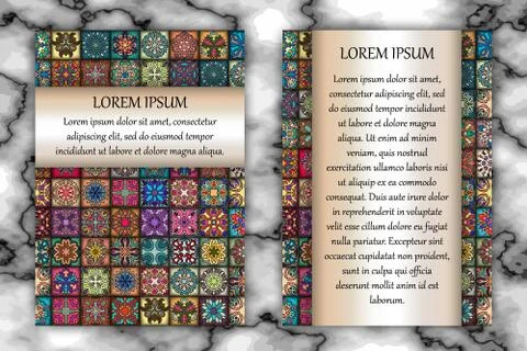 Vintage card with tribal tile patchwork abstract pattern and ornaments. Stock Illustration