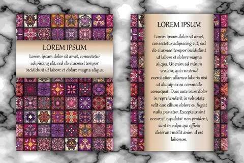Vintage card with tribal tile patchwork abstract pattern and ornaments. イラスト素材