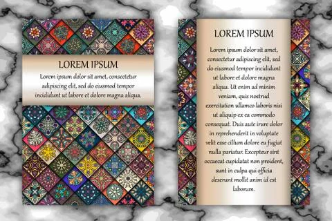Vintage card with tribal tile patchwork abstract pattern and ornaments. Stock Illustration