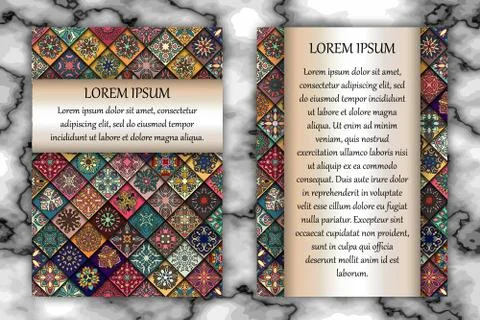 Vintage card with tribal tile patchwork abstract pattern and ornaments. Illustrazione stock