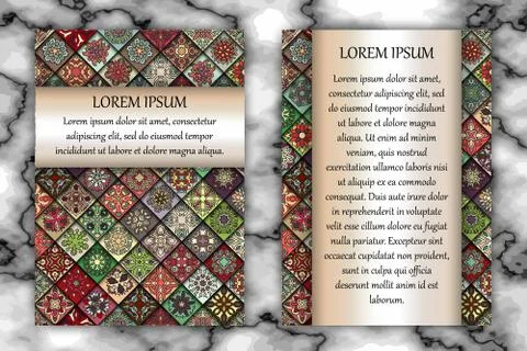 Vintage card with tribal tile patchwork abstract pattern and ornaments. Stock Illustration
