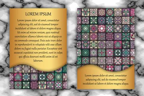 Vintage card with tribal tile patchwork abstract pattern and ornaments. Stock Illustration