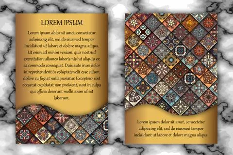 Vintage card with tribal tile patchwork abstract pattern and ornaments. イラスト素材