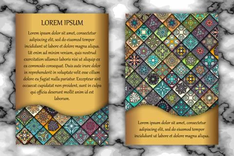 Vintage card with tribal tile patchwork abstract pattern and ornaments. 库存插图