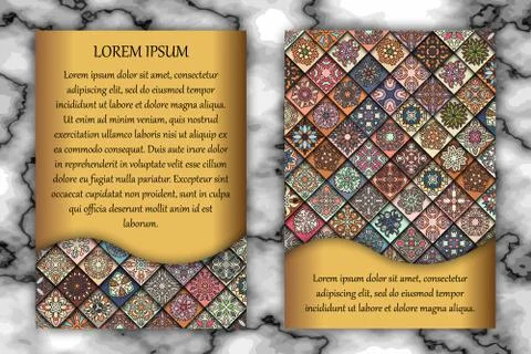 Vintage card with tribal tile patchwork abstract pattern and ornaments. 库存插图