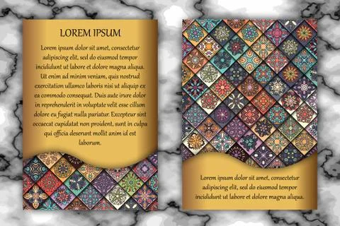 Vintage card with tribal tile patchwork abstract pattern and ornaments. Illustrazione stock