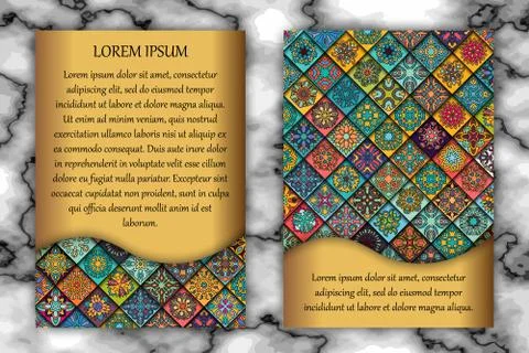 Vintage card with tribal tile patchwork abstract pattern and ornaments. Stock Illustration