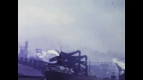 Vintage cargo ship loading at industrial port in 1961 Stock Footage 326896311