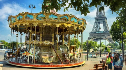 Vintage carousel next to Eiffel tower. Paris, France Stock Footage 47894080
