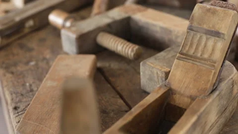 Vintage carpentry or joinery tools on wooden workbench 動画素材 200877978