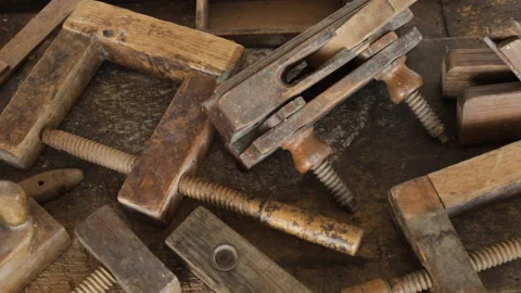 Vintage carpentry or joinery tools on wooden workbench Video stock 201130211