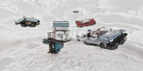 Vintage cars flying near futuristic gas station Stock Illustration