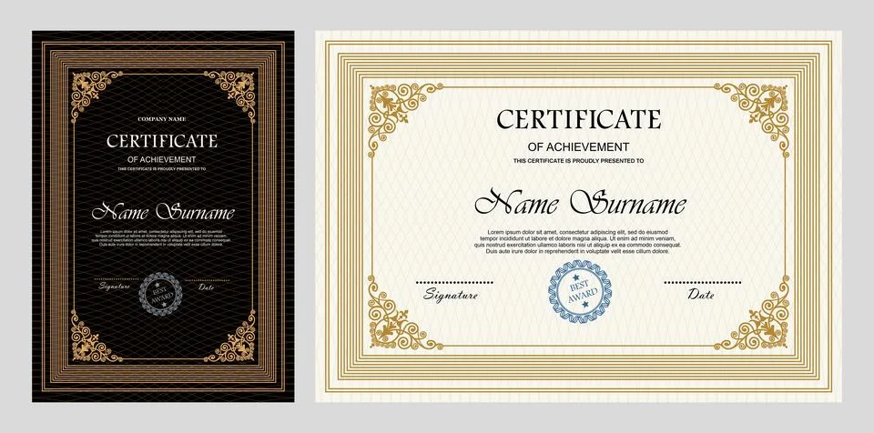 Vintage certificate of achievement template with horizontal, vertical layou.. Stock Illustration