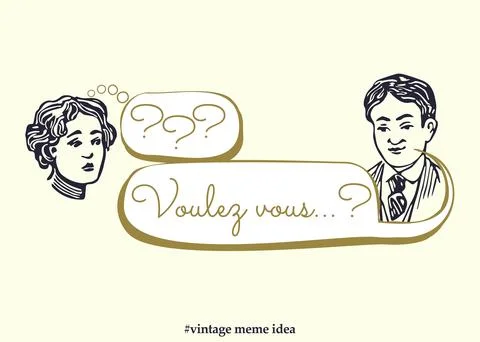 Vintage chat or meme idea with a lady and a man avatar. Text in French means  Stock Illustration