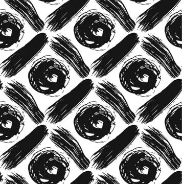 Vintage checked seamless pattern with brushed rhombus and dots in black and Stock Illustration