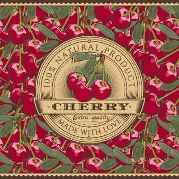 Vintage Cherry Label On Seamless Pattern Illustrazione stock