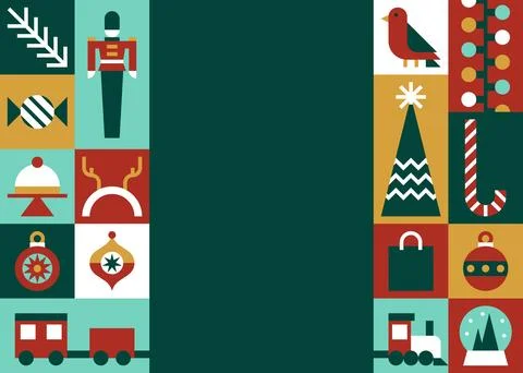 Vintage Christmas Card with Nutcracker, Tree, Ornaments, and Toy Train on D.. Stock Illustration