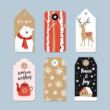 Vintage Christmas gift tags set. Hand drawn labels with birch trees, deer, polar Stock Illustration