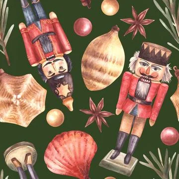 Vintage Christmas ornaments pattern. Nutcracker, tree branch, balls, toys Illustrazione stock