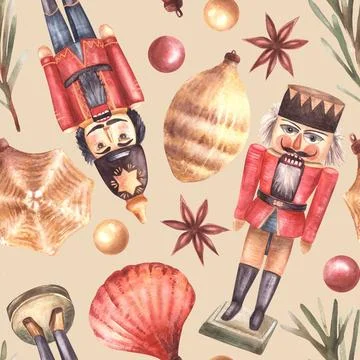 Vintage Christmas ornaments pattern. Nutcracker, tree branch, balls, toys Stock Illustration