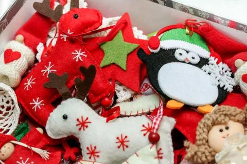 Vintage christmas tree festive felt decorations toys bacground. Winter holida Stock Photos