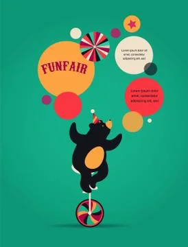 Vintage circus poster, background with bear, fun fair, and vector icons Stock Illustration