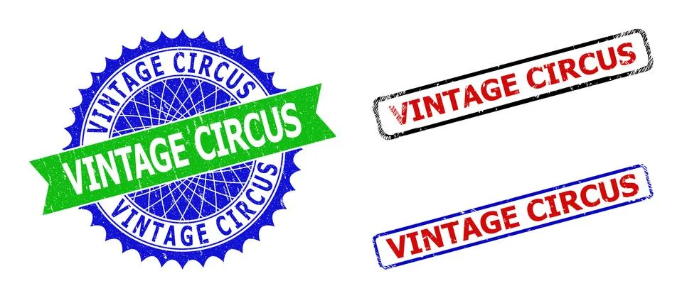 VINTAGE CIRCUS Rosette and Rectangle Bicolor Badges with Grunge Surfaces Stockillustratie