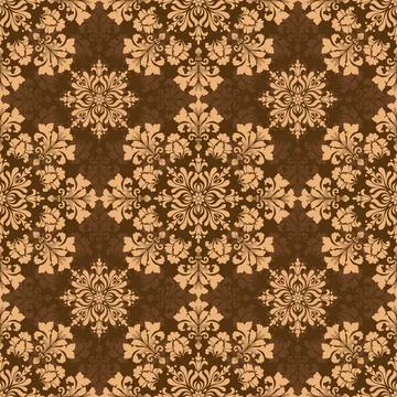 Vintage classic damask seamless pattern in yellow and brown silhouette backg Illustrazione stock