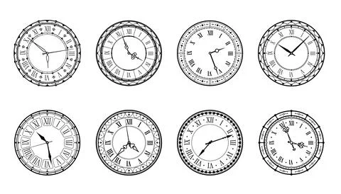 Vintage clock face with Roman numerals in frames Stock Illustration
