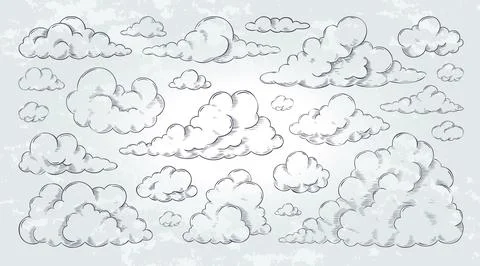 Vintage cloud. Sky sketch, hand draw black and white woodcut style isolated e 스톡 일러스트