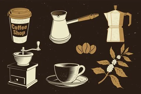 Vintage coffee equipment. Vector. Set include paper coffee cup, grinder, beans Stock Illustration