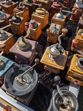 Vintage Coffee Grinders Displayed at Flea Market Stock Photos