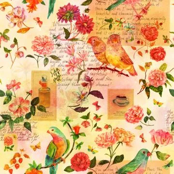 Vintage collage seamless pattern with birds, flowers and butterflies Stock Illustration