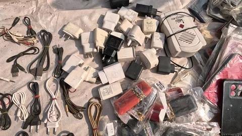 The vintage collection of different types of charging wire and adaptors Stock Footage 276477622