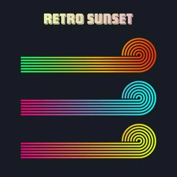 Vintage colorful sunset. Various gradient striped sunrise badges in 80s and 90s Stock Illustration