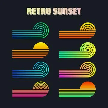 Vintage colorful sunset. Various gradient striped sunrise badges in 80s and 90s Stock Illustration