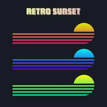 Vintage colorful sunset. Various gradient striped sunrise badges in 80s and 90s Stock Illustration