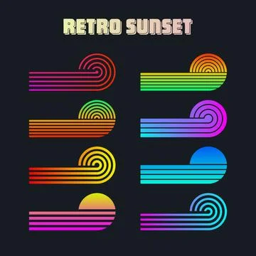 Vintage colorful sunset. Various gradient striped sunrise badges in 80s and 90s Stock Illustration