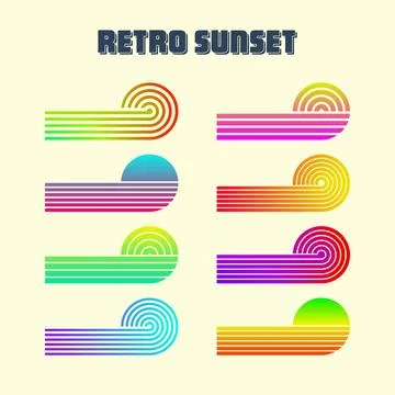 Vintage colorful sunset. Various gradient striped sunrise badges in 80s and 90s Stock Illustration