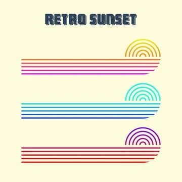 Vintage colorful sunset. Various gradient striped sunrise badges in 80s and 90s Stock Illustration
