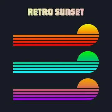 Vintage colorful sunset. Various gradient striped sunrise badges in 80s and 90s Stock Illustration
