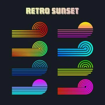 Vintage colorful sunset. Various gradient striped sunrise badges in 80s and 90s 스톡 일러스트